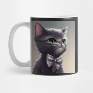 Elegant Grey Cat With a Grey Bow Tie | White and grey cat with green eyes | Digital art Sticker Mug